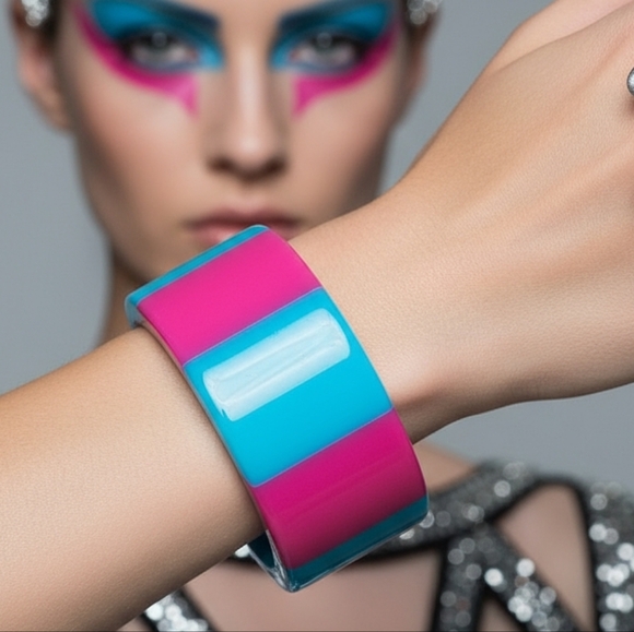 Lucite Jewelry - Chunky pink & blue lucite bangle bracelet fashion costume jewelry Barbie…